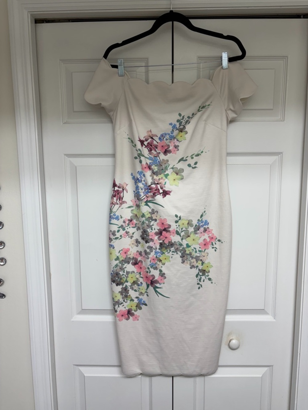 Ted Baker Cream One-Shoulder Floral Sheath Dress with Scalloped Neckline